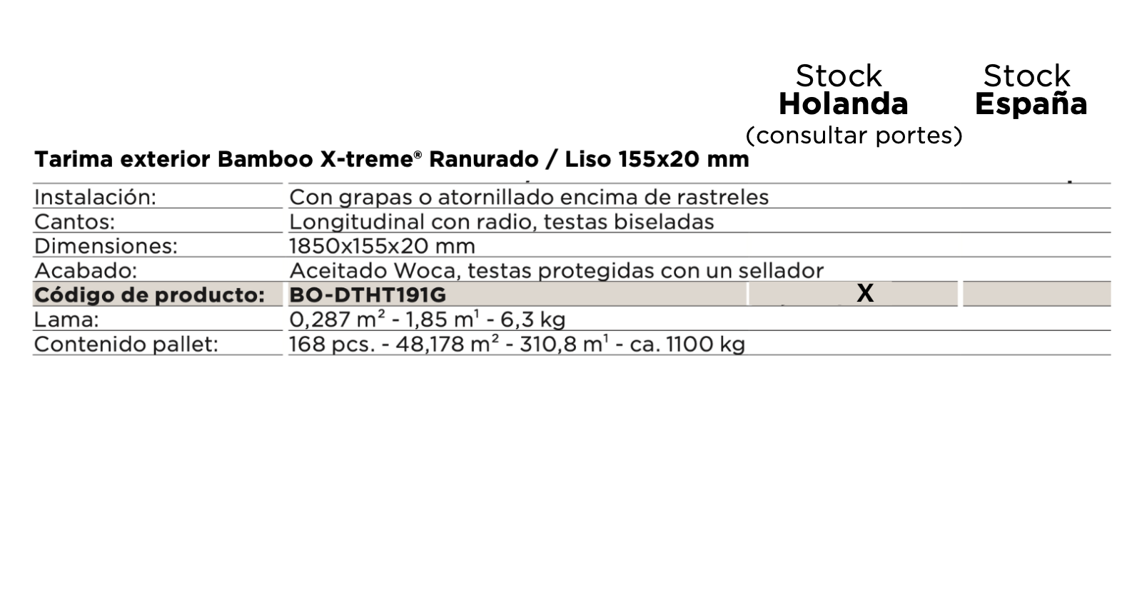 Tarima exterior Bamboo X treme acabado Woca - Ranurado/Liso 155x20mm Tarima exterior Bamboo X treme acabado Woca - Ranurado/Liso 155x20mm